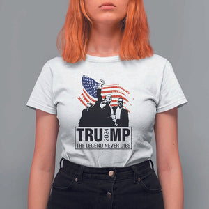 Trump The Legend Never Dies 2024 T Shirt For Women American Flag Raised Fist TS11 White Print Your Wear