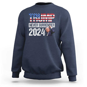 Trump Never Surrender 2024 Sweatshirt American Flag Raised Fist TS11 Navy Print Your Wear