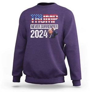 Trump Never Surrender 2024 Sweatshirt American Flag Raised Fist TS11 Purple Print Your Wear