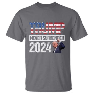 Trump Never Surrender 2024 T Shirt American Flag Raised Fist TS11 Charcoal Print Your Wear