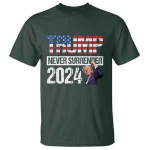 Trump Never Surrender 2024 T Shirt American Flag Raised Fist TS11 Dark Forest Green Print Your Wear