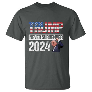 Trump Never Surrender 2024 T Shirt American Flag Raised Fist TS11 Dark Heather Print Your Wear