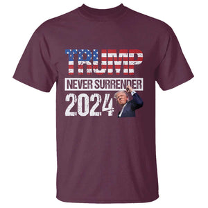 Trump Never Surrender 2024 T Shirt American Flag Raised Fist TS11 Maroon Print Your Wear