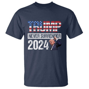 Trump Never Surrender 2024 T Shirt American Flag Raised Fist TS11 Navy Print Your Wear