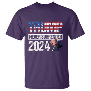 Trump Never Surrender 2024 T Shirt American Flag Raised Fist TS11 Purple Print Your Wear