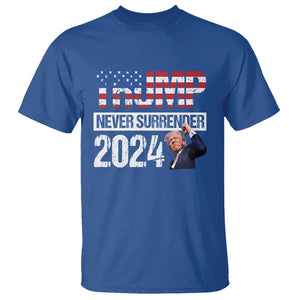 Trump Never Surrender 2024 T Shirt American Flag Raised Fist TS11 Royal Blue Print Your Wear