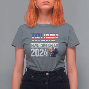 Trump Never Surrender 2024 T Shirt For Women American Flag Raised Fist TS11 Charcoal Print Your Wear