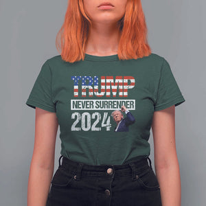 Trump Never Surrender 2024 T Shirt For Women American Flag Raised Fist TS11 Dark Forest Green Print Your Wear