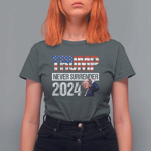 Trump Never Surrender 2024 T Shirt For Women American Flag Raised Fist TS11 Dark Heather Print Your Wear