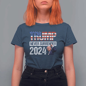 Trump Never Surrender 2024 T Shirt For Women American Flag Raised Fist TS11 Navy Print Your Wear