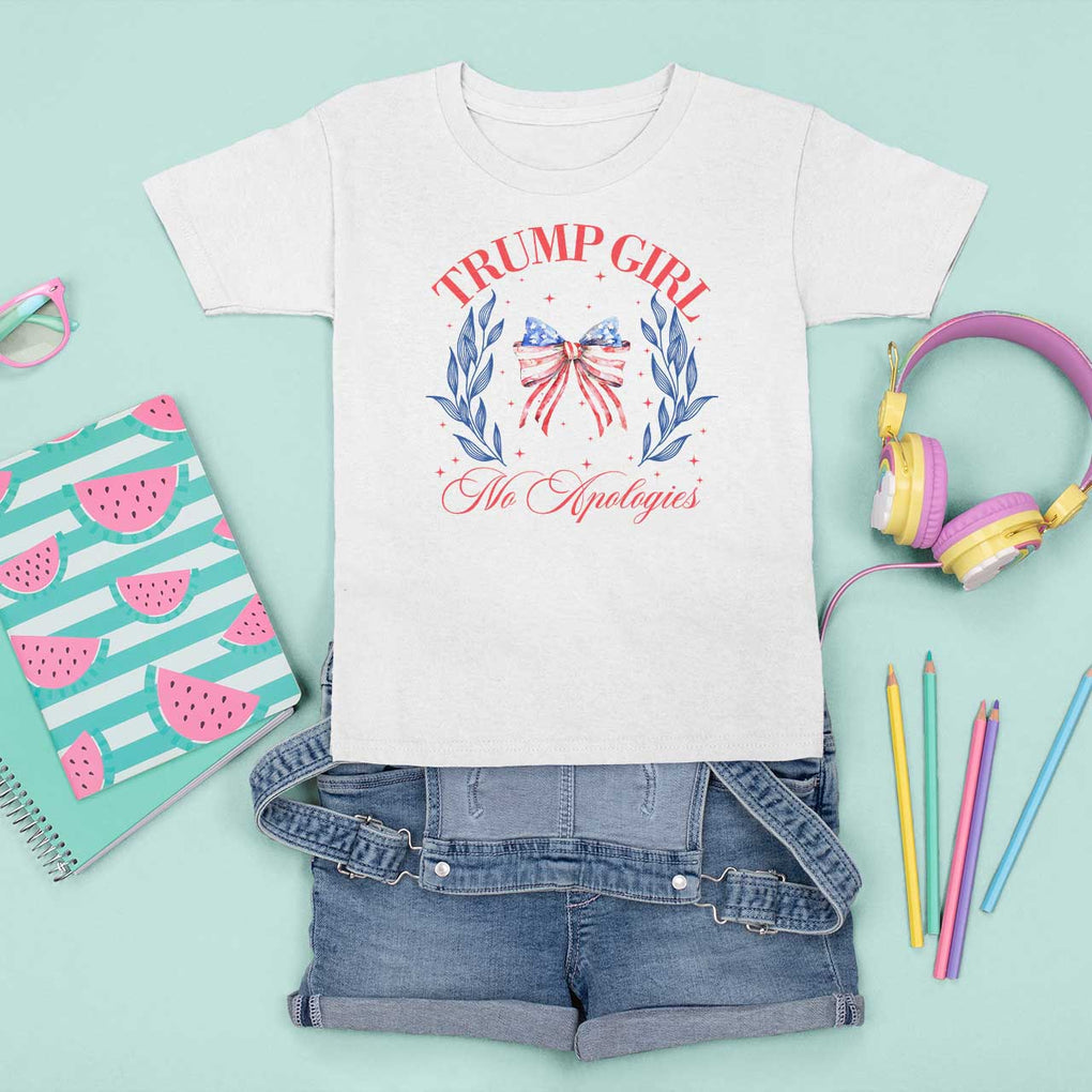 Trump Girl No Apologies T Shirt For Kid Coquette American Flag Patriotic Bow TS11 White Print Your Wear