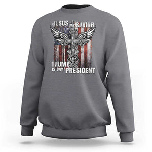 Jesus Is My Savior Trump Is My President Sweatshirt American Flag Cross TS11 Charcoal Print Your Wear