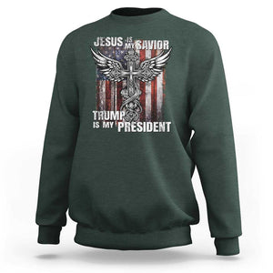 Jesus Is My Savior Trump Is My President Sweatshirt American Flag Cross TS11 Dark Forest Green Print Your Wear