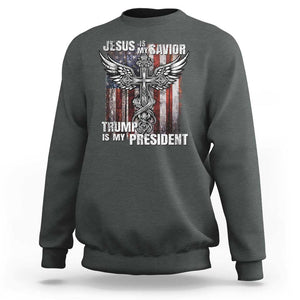 Jesus Is My Savior Trump Is My President Sweatshirt American Flag Cross TS11 Dark Heather Print Your Wear