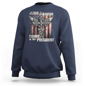 Jesus Is My Savior Trump Is My President Sweatshirt American Flag Cross TS11 Navy Print Your Wear