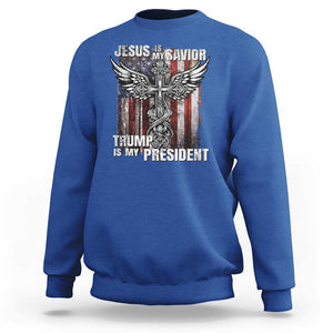 Jesus Is My Savior Trump Is My President Sweatshirt American Flag Cross TS11 Royal Blue Print Your Wear