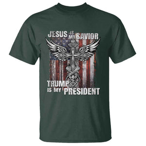 Jesus Is My Savior Trump Is My President T Shirt American Flag Cross TS11 Dark Forest Green Print Your Wear