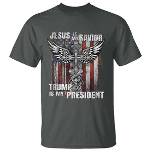 Jesus Is My Savior Trump Is My President T Shirt American Flag Cross TS11 Dark Heather Print Your Wear