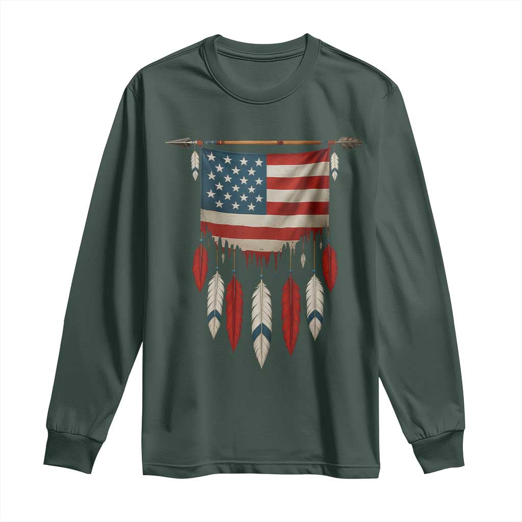 Native American Vintage Feathers USA Flag Long Sleeve Shirt TS11 Dark Forest Green Print Your Wear