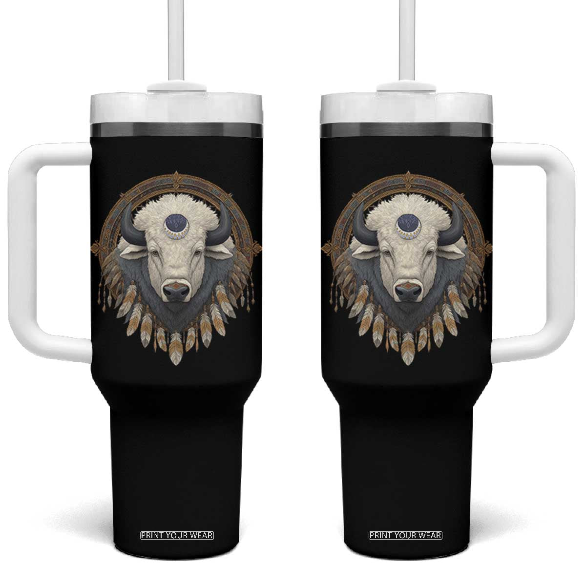 Native American White Buffalo And Eagle Feathers Tumbler With Handle TS11 One Size: 40 oz Black Print Your Wear