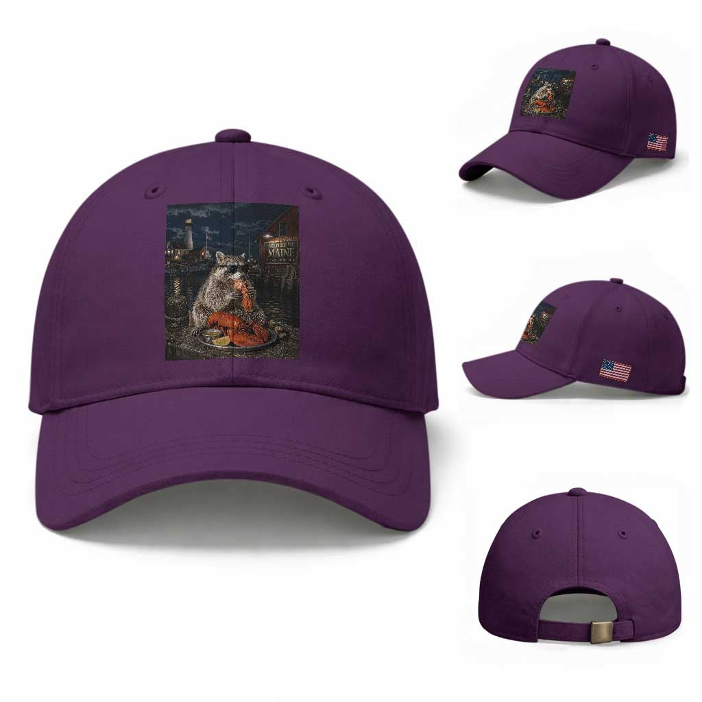 Funny Raccoon Eating Maine Lobster Meme New England Baseball Cap