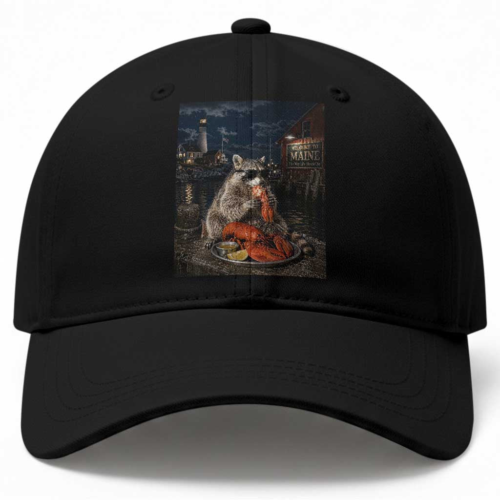 Funny Raccoon Eating Maine Lobster Meme New England Baseball Cap