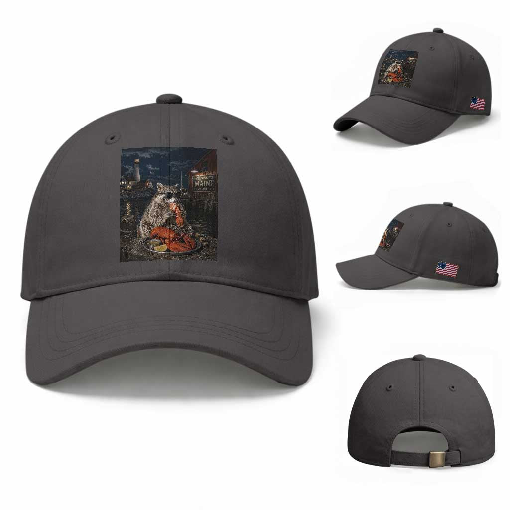 Funny Raccoon Eating Maine Lobster Meme New England Baseball Cap