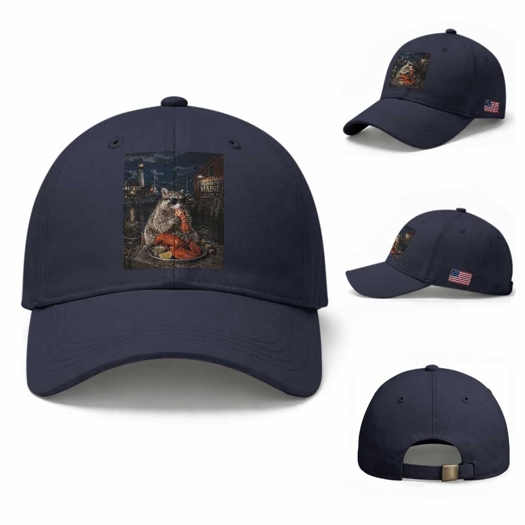Funny Raccoon Eating Maine Lobster Meme New England Baseball Cap