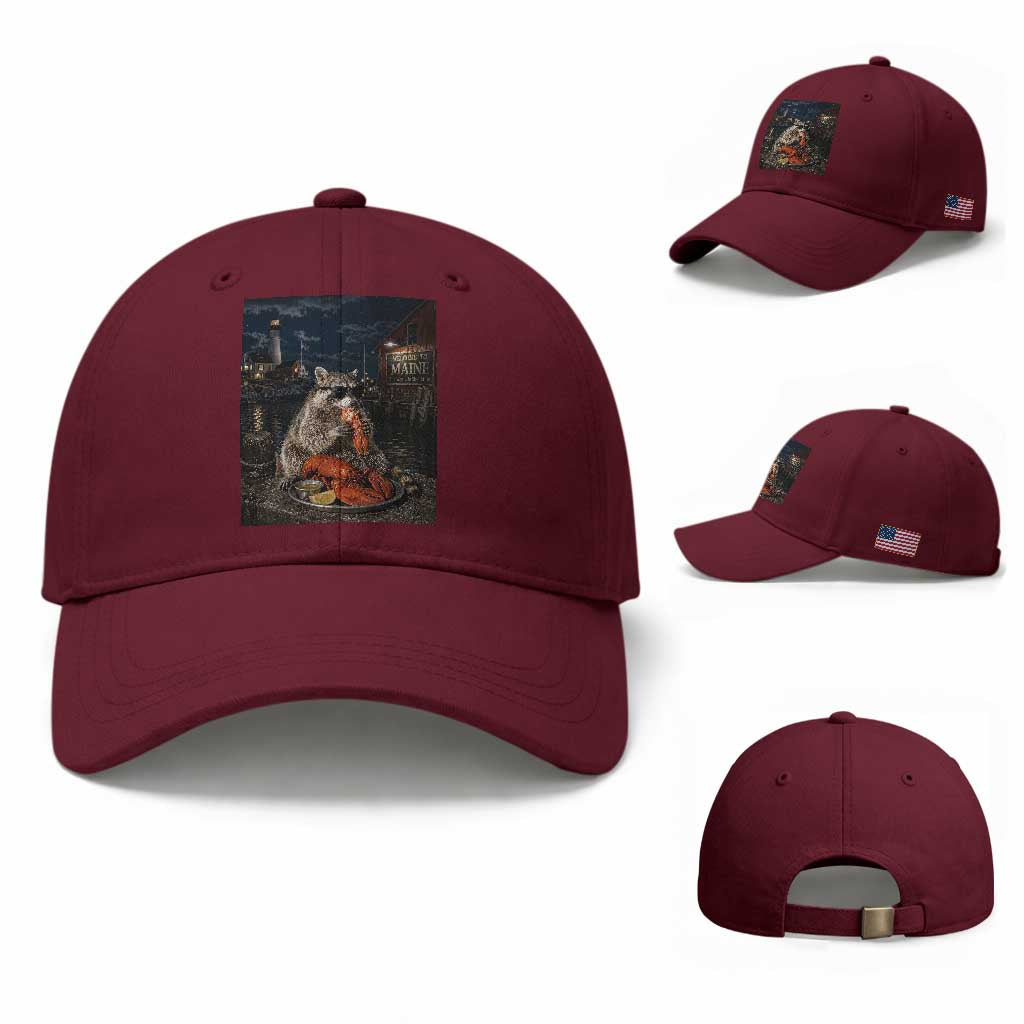 Funny Raccoon Eating Maine Lobster Meme New England Baseball Cap