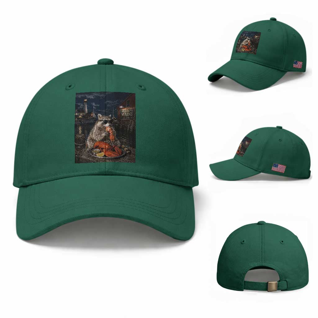 Funny Raccoon Eating Maine Lobster Meme New England Baseball Cap