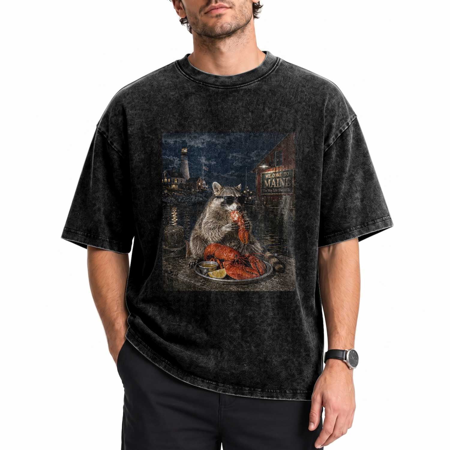 Funny Raccoon Eating Maine Lobster Meme New England Washed Cotton T-Shirt