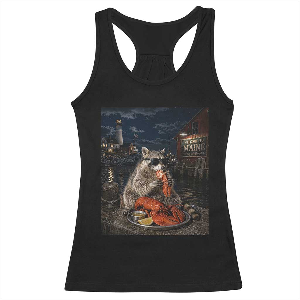 Funny Raccoon Eating Maine Lobster Meme New England Racerback Tank Top