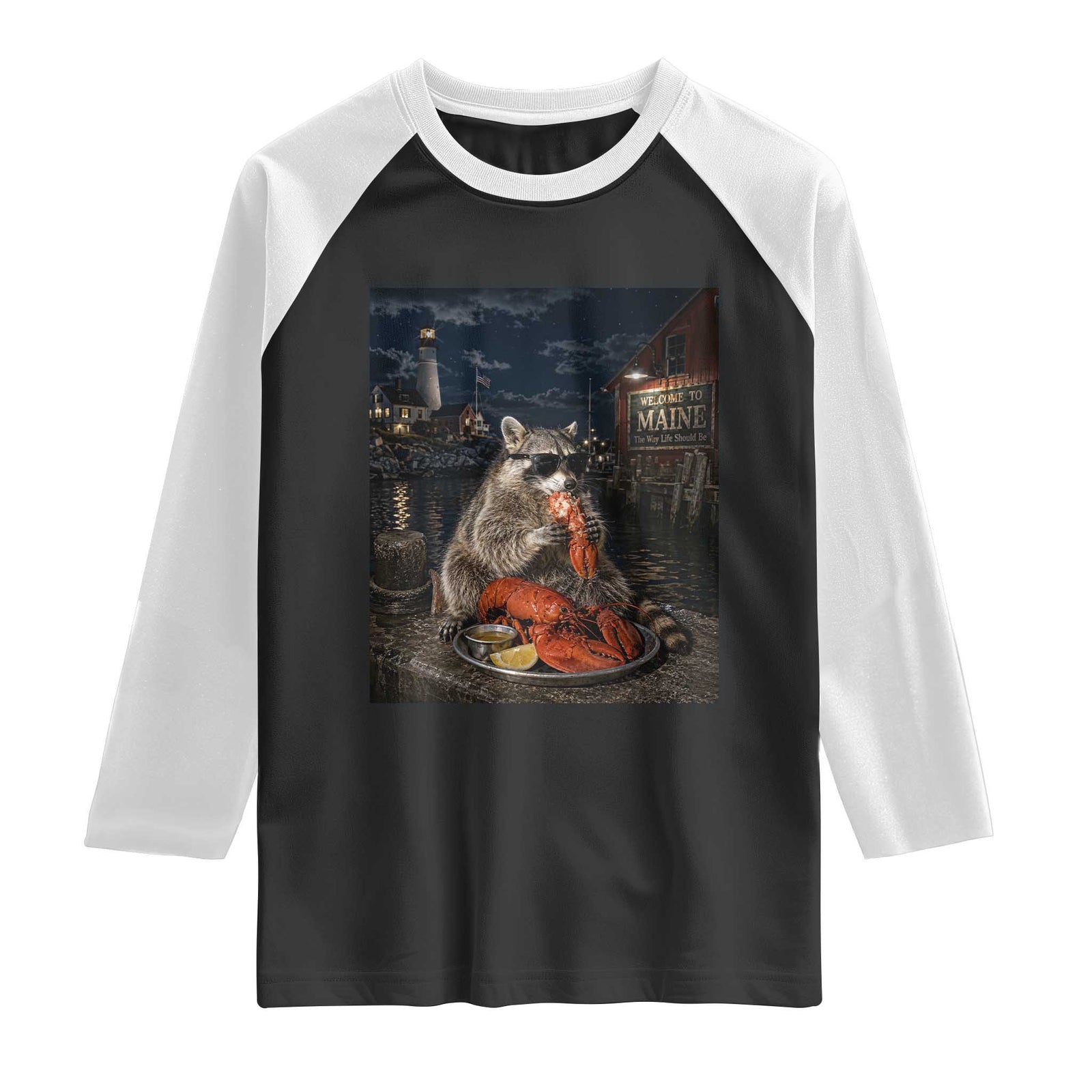 Funny Raccoon Eating Maine Lobster Meme New England Raglan Shirt