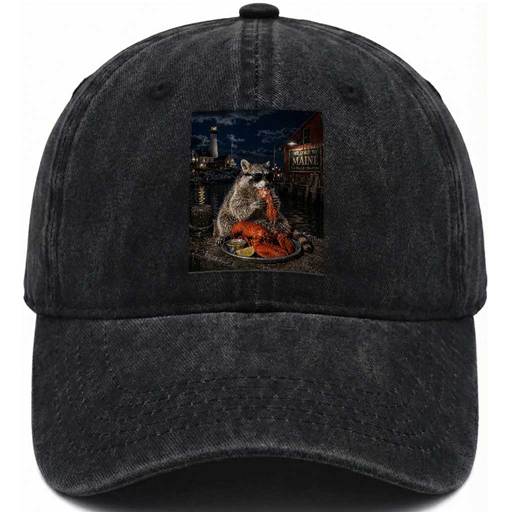 Funny Raccoon Eating Maine Lobster Meme New England Washed Cotton Baseball Cap