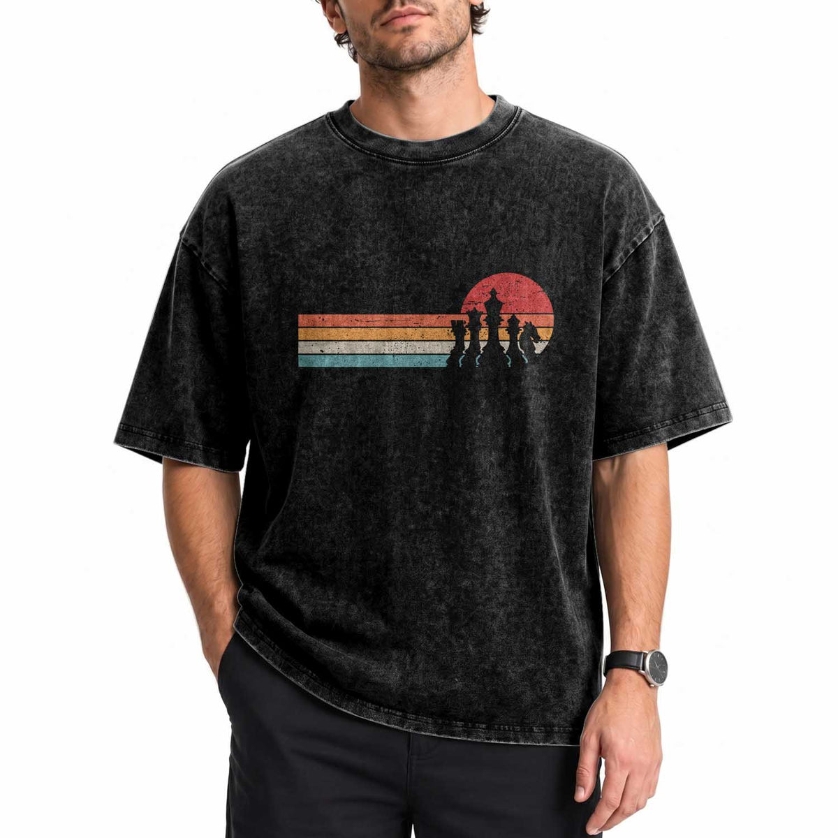 Retro Chess Player Washed Cotton T-Shirt Funny Board Game Themed