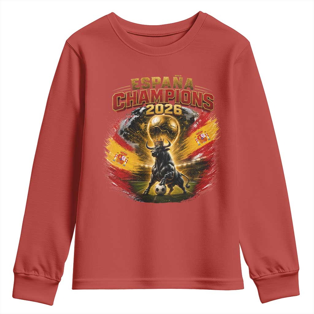 Espana Champions 2026 Youth Sweatshirt Spain Football Fan Spanish Bull Graphic TS11 Red Print Your Wear