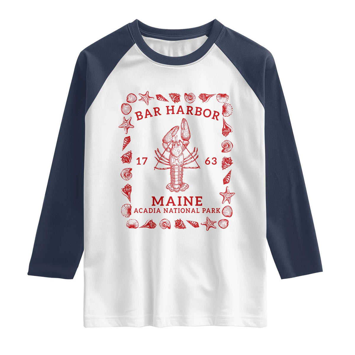 Bar Harbor Maine Lobster Acadia National Park 1763 Raglan Shirt TS11 White Navy Print Your Wear