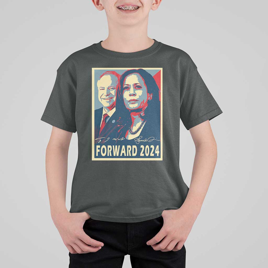 Harris Walz T Shirt For Kid Forward 2024 Not Going Back Signature Portraits TS11 Dark Heather Print Your Wear