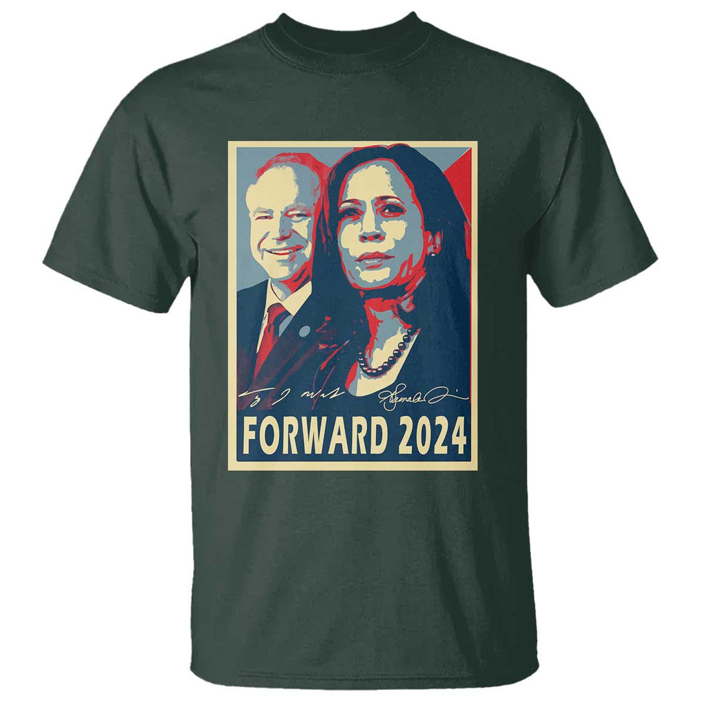 Harris Walz T Shirt Forward 2024 Not Going Back Signature Portraits TS11 Dark Forest Green Print Your Wear