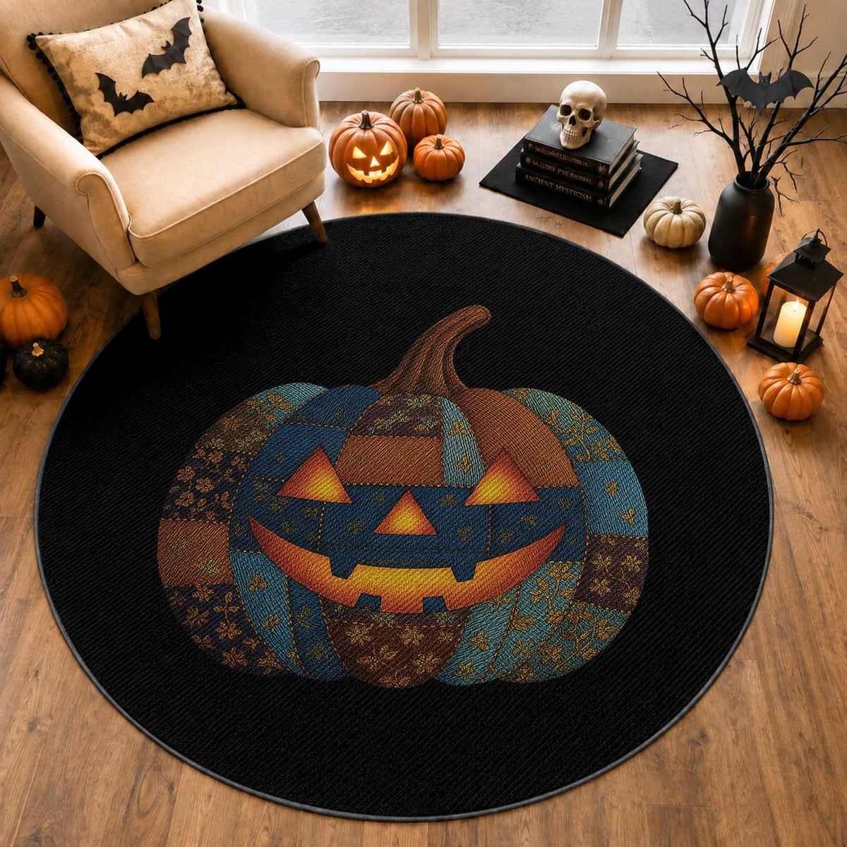 Halloween Blue Denim Patchwork Spooky Pumpkin Round Rug
