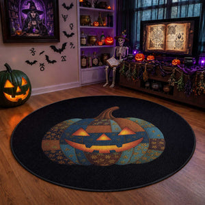 Halloween Blue Denim Patchwork Spooky Pumpkin Round Rug