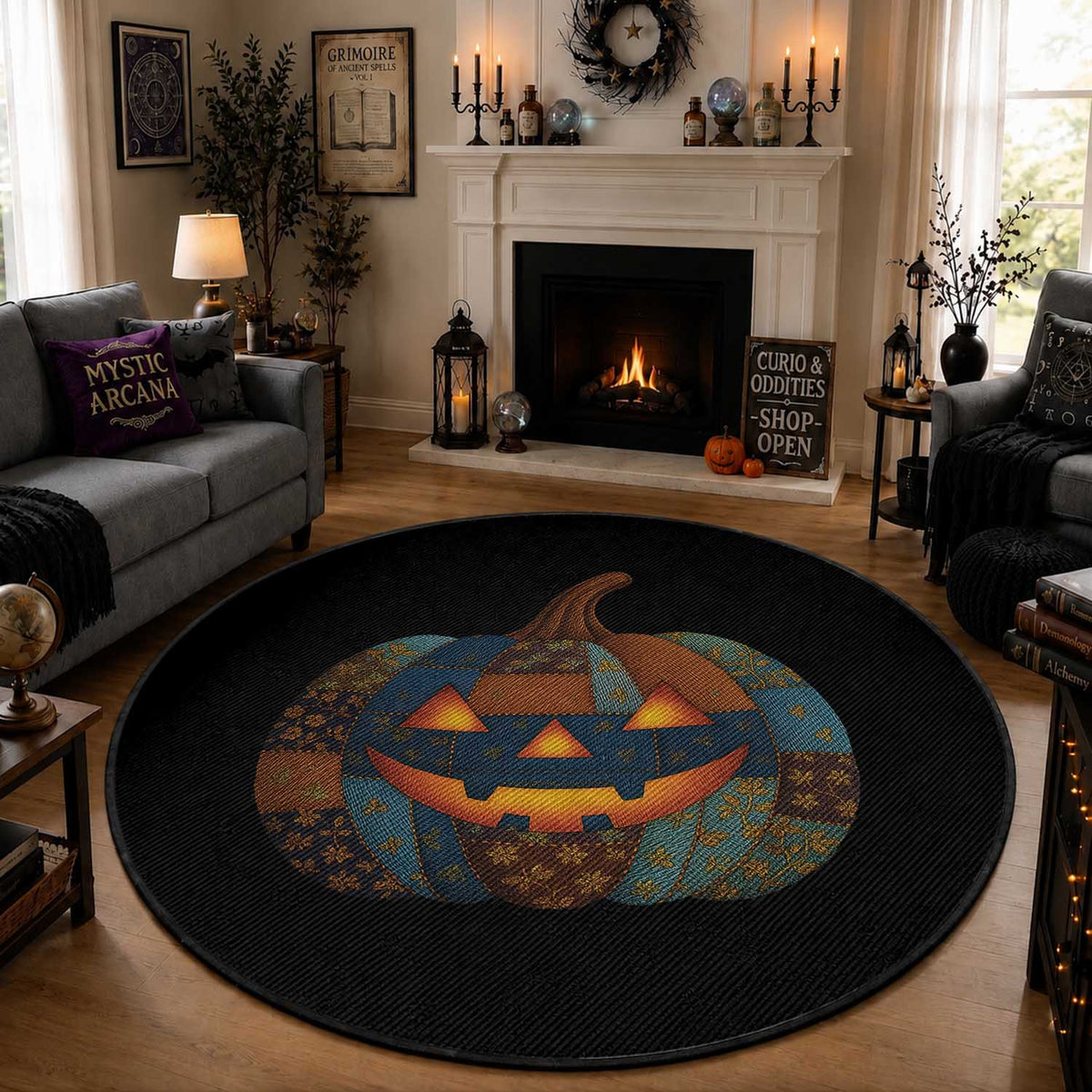 Halloween Blue Denim Patchwork Spooky Pumpkin Round Rug