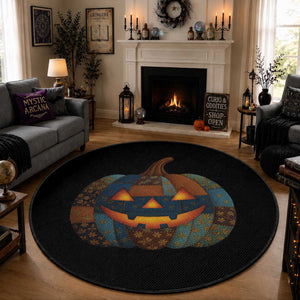 Halloween Blue Denim Patchwork Spooky Pumpkin Round Rug