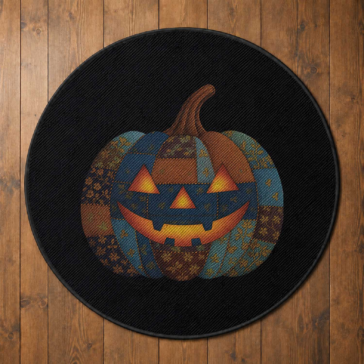 Halloween Blue Denim Patchwork Spooky Pumpkin Round Rug