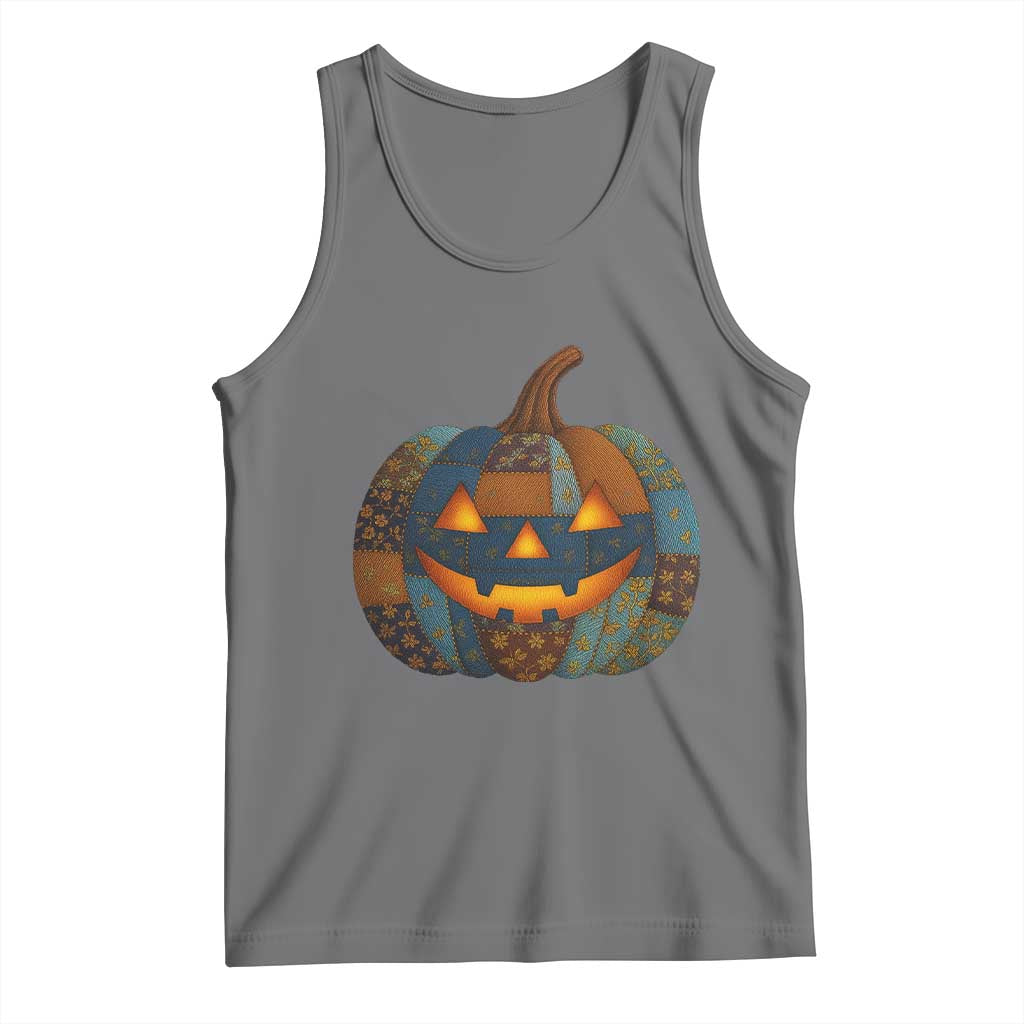 Halloween Blue Denim Patchwork Spooky Pumpkin Tank Top TS11 Black Heather Print Your Wear