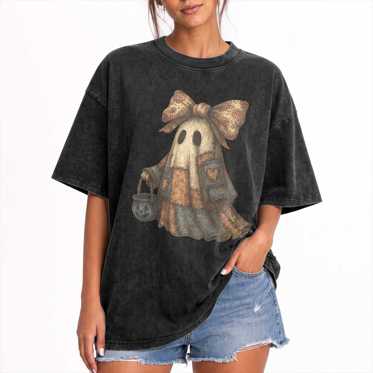 Halloween Vintage Denim Patchwork Spooky Ghost Coquette Washed Cotton T-Shirt