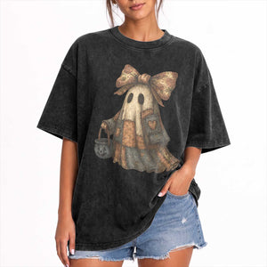 Halloween Vintage Denim Patchwork Spooky Ghost Coquette Washed Cotton T-Shirt