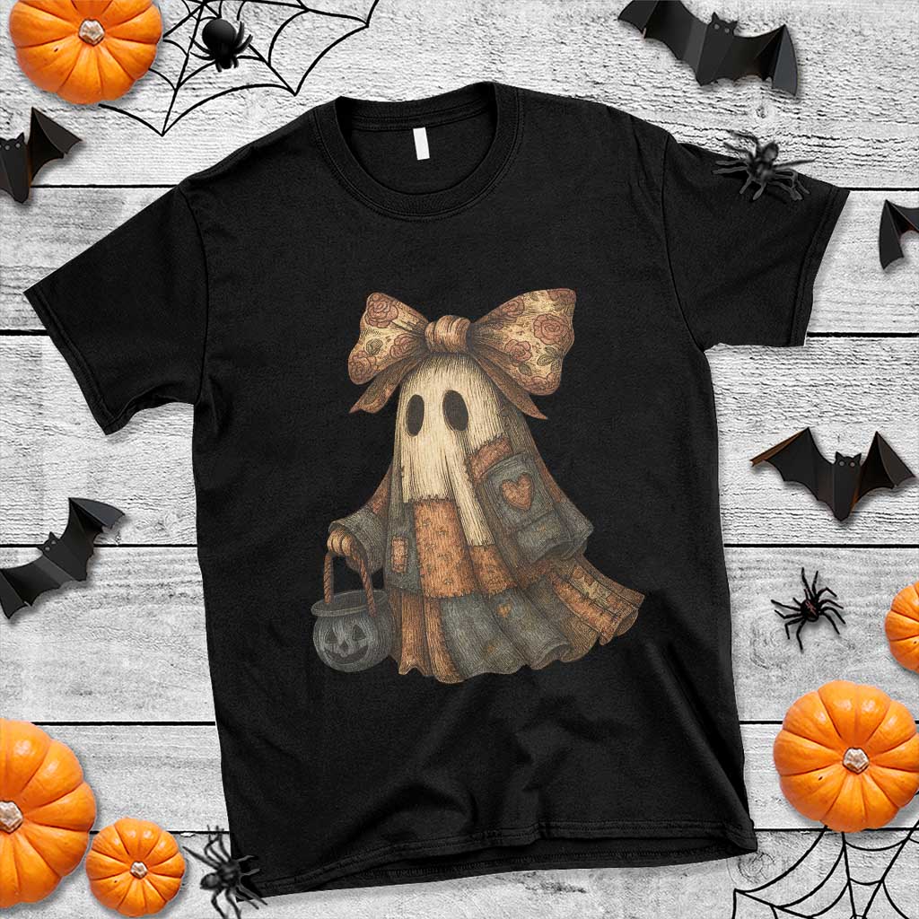 Halloween Vintage Denim Patchwork Spooky Ghost Coquette T Shirt TS11 Black Print Your Wear
