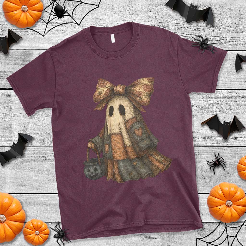 Halloween Vintage Denim Patchwork Spooky Ghost Coquette T Shirt TS11 Maroon Print Your Wear