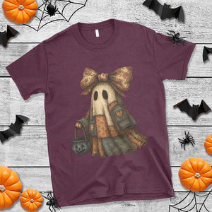 Halloween Vintage Denim Patchwork Spooky Ghost Coquette T Shirt TS11 Maroon Print Your Wear